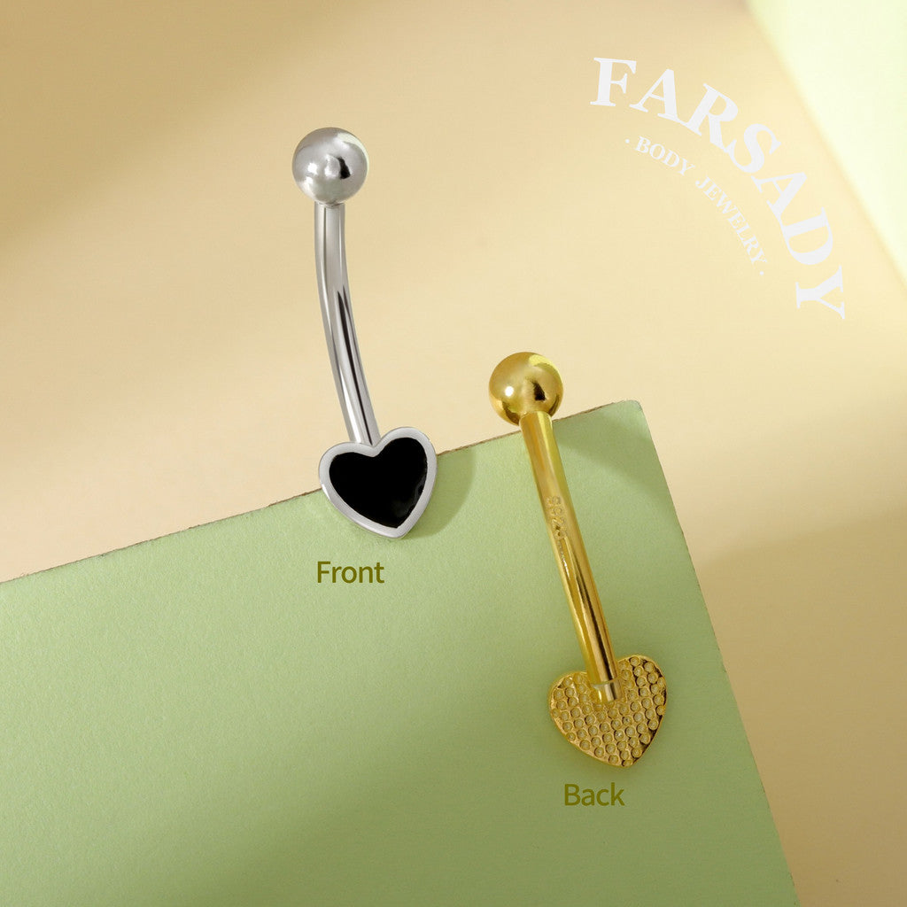 Ebony Heart Outline - 925 Silver Belly Button Ring / Fits 14G Navel Piercing