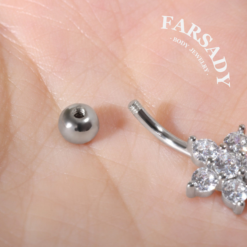 Snowflake Dew Trail - 925 Silver Clear CZ Belly Button Ring / Fits 14G Navel Piercing
