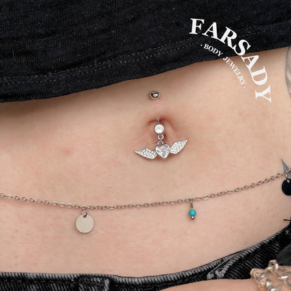 Winged Heart Drift - 925 Silver Clear CZ Belly Button Ring / Fits 14G Navel Piercing