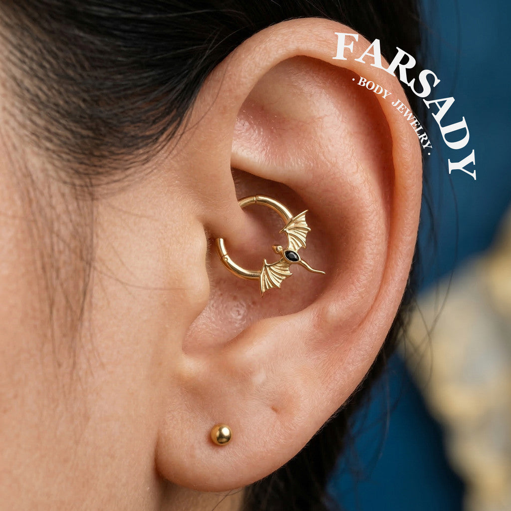 16G Flying Dragon Daith Hoop Earring S925 Sterling Silver Obsidian Inlaid Septum Clicker Original Design Gothic Halloween Helix Piercing Daily Wear Gift for Her