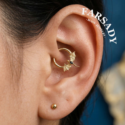 16G Flying Dragon Daith Hoop Earring S925 Sterling Silver Obsidian Inlaid Septum Clicker Original Design Gothic Halloween Helix Piercing Daily Wear Gift for Her