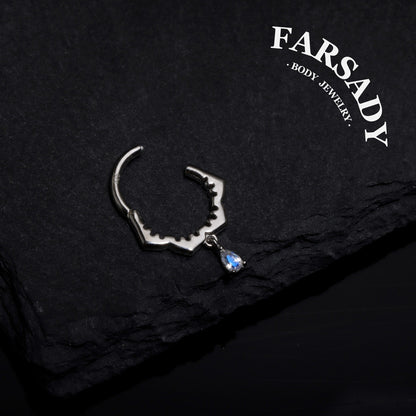 Sterling Silver Moonstone Dangle Flower Septum Ring/ 16G S925 Septum Piercing Jewelry/ 16G Daith Hoop Earring/8mm Helix Tragus Cartilage Hoop Earrings