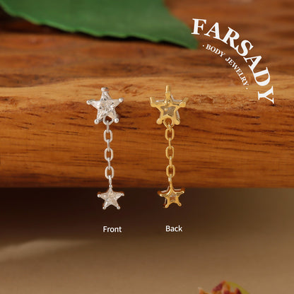 Sterling Silver Dangle Star Cartilage Earring Threadless Push In, S925 Helix Stud, Flat Back Lobe, Tragus Piercing Jewelry