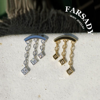 Triple Square CZ Hidden Helix Earring Stud: S925 Silver Floating Helix Piercing Jewelry, Titanium Threadless Post Back, Flat Back Earrings