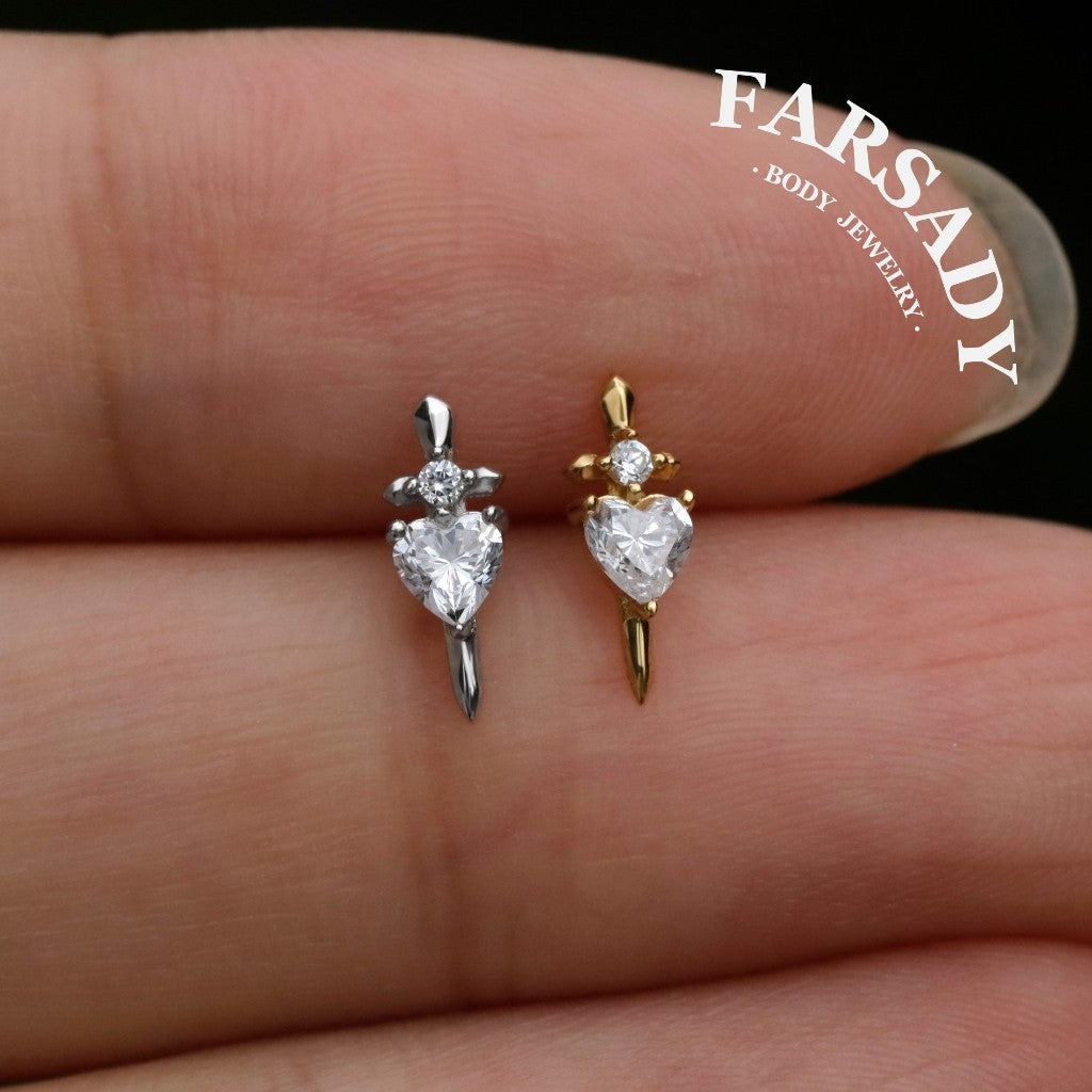Valor Heart - Sterling Silver Push In Stud / Fits Cartilage Helix Tragus Lobe Earring  Nose Stud / Threadless Flat Back Piercing, Daily Wear Elegant Jewelry, Perfect for Gift