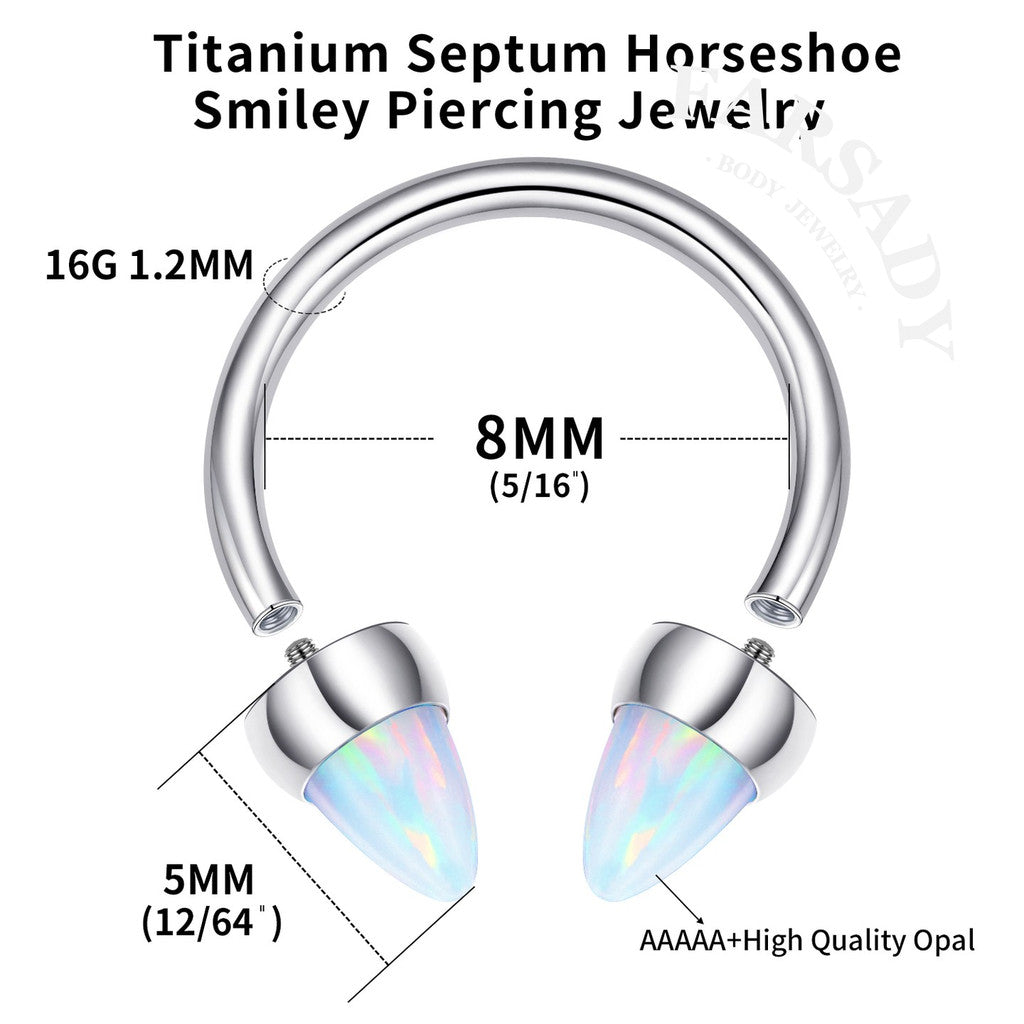 Opal Spike - F136 Titanium Internally Threaded Curved Barbell Ring / Fits 16G Septum Ring Helix Conch Daith Earring