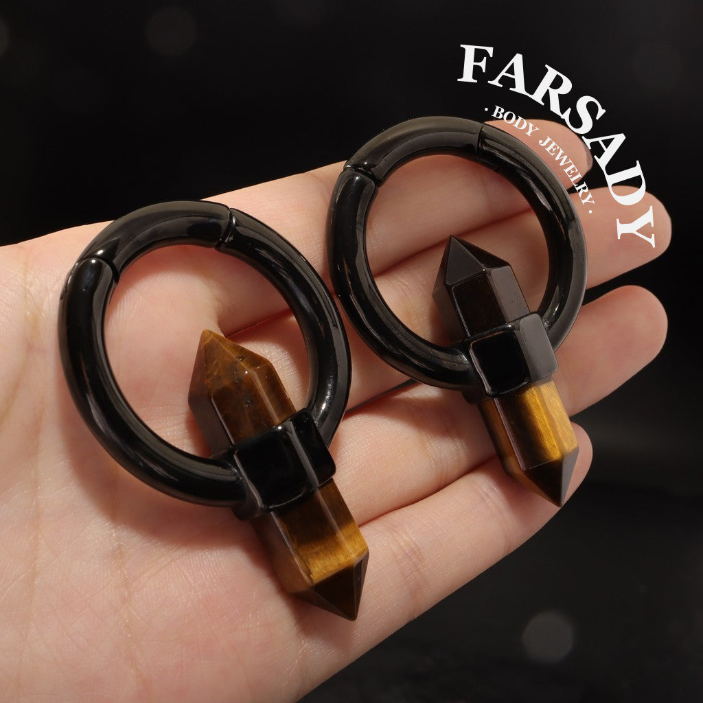 Pointed Tiger Eye - 316L Magnetic Hinged Ear Weights / Fits 3G 2G Stretched Ear Lobes Tunnels Plugs