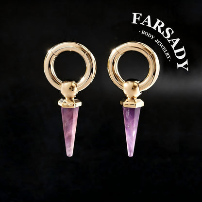 Amethyst Drop - 316L Magnetic Hinged Ear Weights / Fits 4G 2G Stretched Ear Lobes Tunnels Plugs