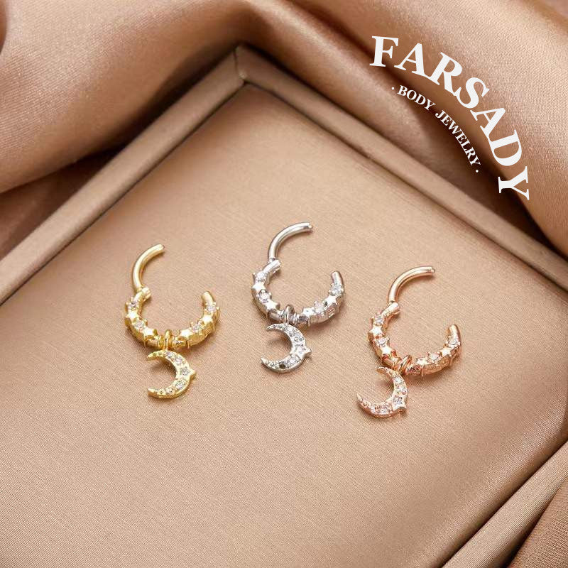 Moon Star - CZ Dangle Hinged Clicker Hoop / Fits 16G Septum Ring Helix Conch Cartilage Earring