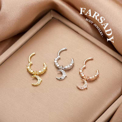 Moon Star - CZ Dangle Hinged Clicker Hoop / Fits 16G Septum Ring Helix Conch Cartilage Earring