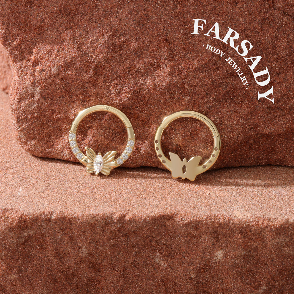 Butterfly Gleam - Solid 14K Gold Hinged Clicker Hoop / Fits 16G Septum Ring Helix Conch Cartilage Earring
