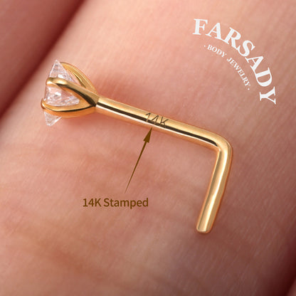 Minimal Heart & Star CZ - Solid 14K Gold L-Shape Stud / Fit 20G Nostril Piercing