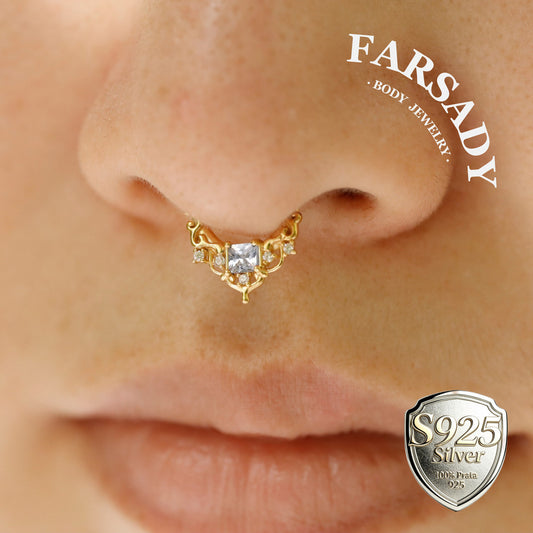 Byzantine Art Septum Ring Sterling Silver Plated 18k Gold/ 16G Hinged Septum Clicker/ 8mm Daith Hoop Earring/ Helix Tragus Piercing Jewelry