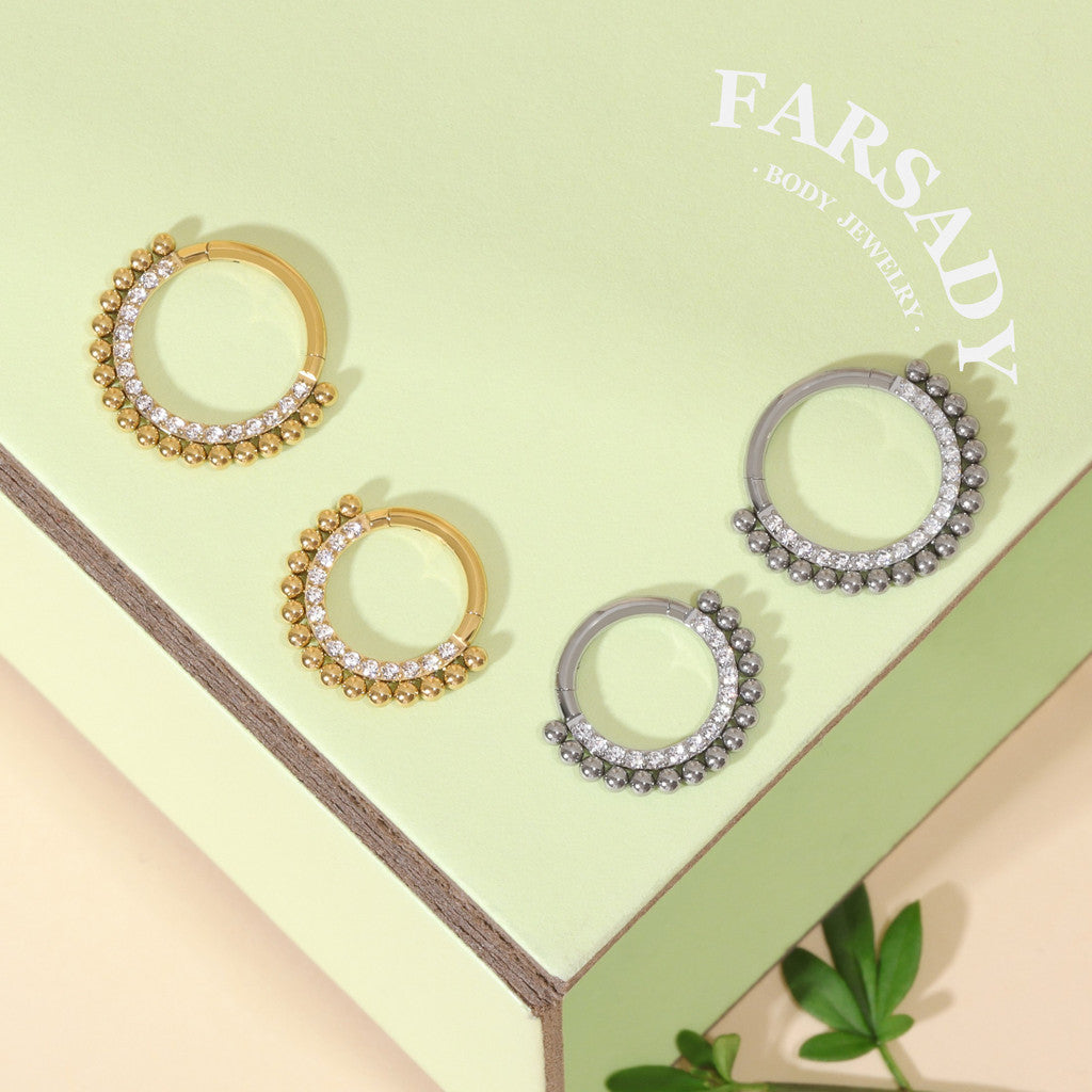 16G Titanium Tiny Beads Daith Earring & Septum | Hinged Clicker with 5A Cubic Zirconia | Piercing Jewelry for Helix, Conch, Daith, Rook, Tragus | Sparkling Daily Wear with Gift Box
