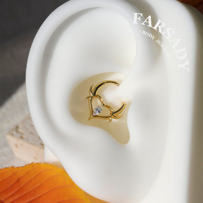 16G Thorn Heart CZ Clicker Daith Earring: Sterling Silver Plated 18K Gold, Alt Fashion Septum Ring, Sharp Spike Helix Tragus Hoop Jewelry