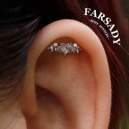 Bat Wing Heart Gem Flat Helix Threadless Stud: Sterling Silver Cartilage Earring, 18K Gold Plated Helix Conch Tragus Lobe Piercing Jewelry