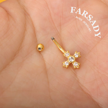 Four-Petal Star Cross - 316L Clear CZ Curved Barbell / Fits 16G Rook Daith Earring Lip Eyebrow Cartilage Piercing