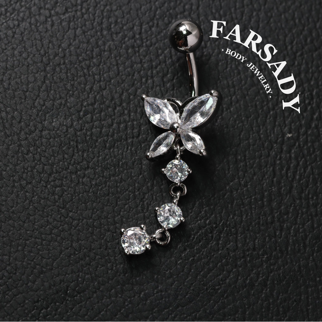 Butterfly Glimmer Trail - CZ Dangle Belly Button Ring / Fits 14G Navel Piercing
