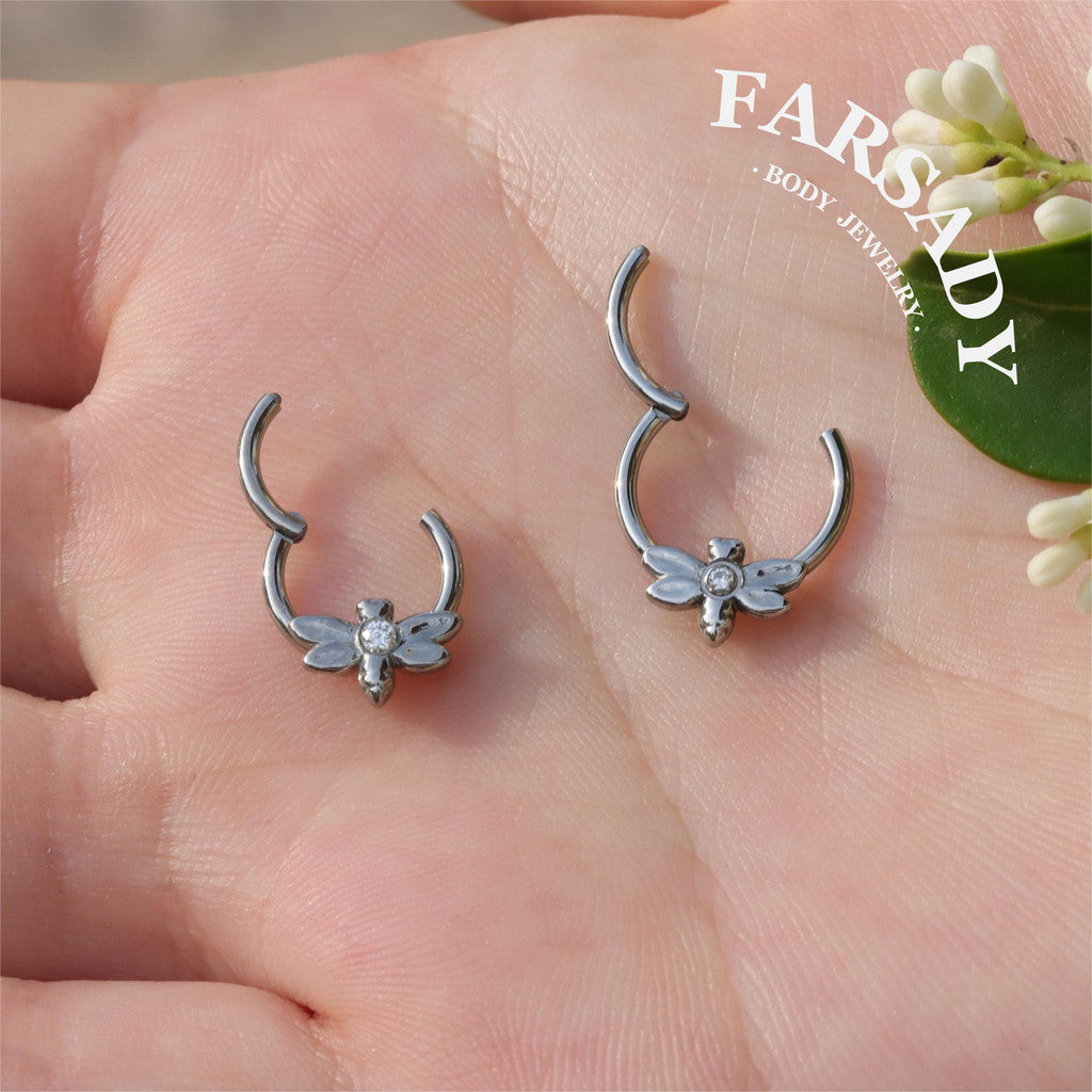 Dew Dragonfly - ASTM F136 Titanium Hinged Clicker Hoop / Fits 16G Septum Ring Helix Conch Cartilage Earring