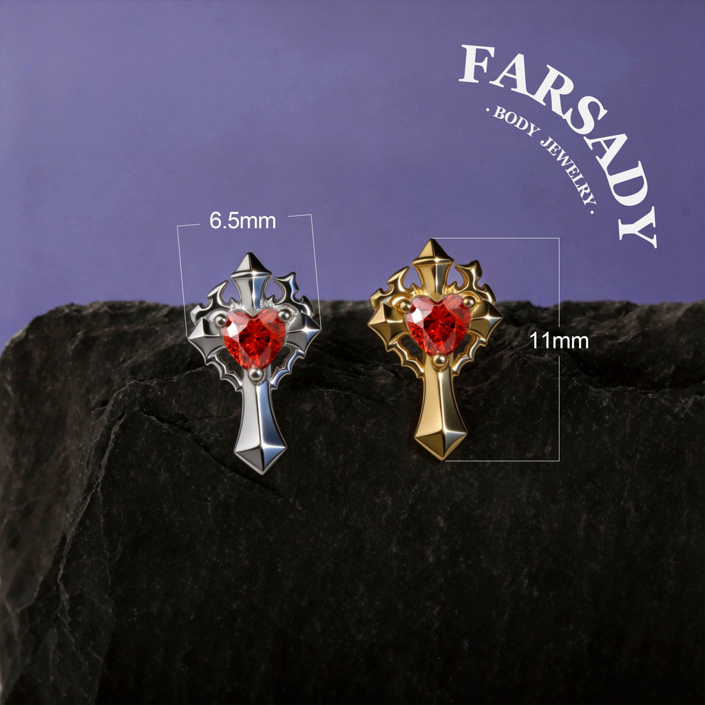 Goth Heartfire - 925 Silver Threadless Stud / Fits Cartilage Helix Tragus Lobe Nostril Piercing