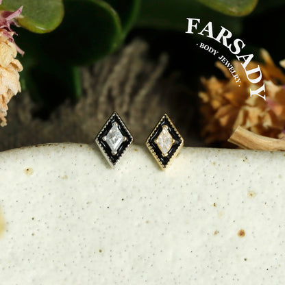 Rhombus Black Enamel CZ Tragus Studs, Sterling Silver Helix Piercing Earrings, Titanium Threadless Push Pin, Flat Back Minimalist Jewelry