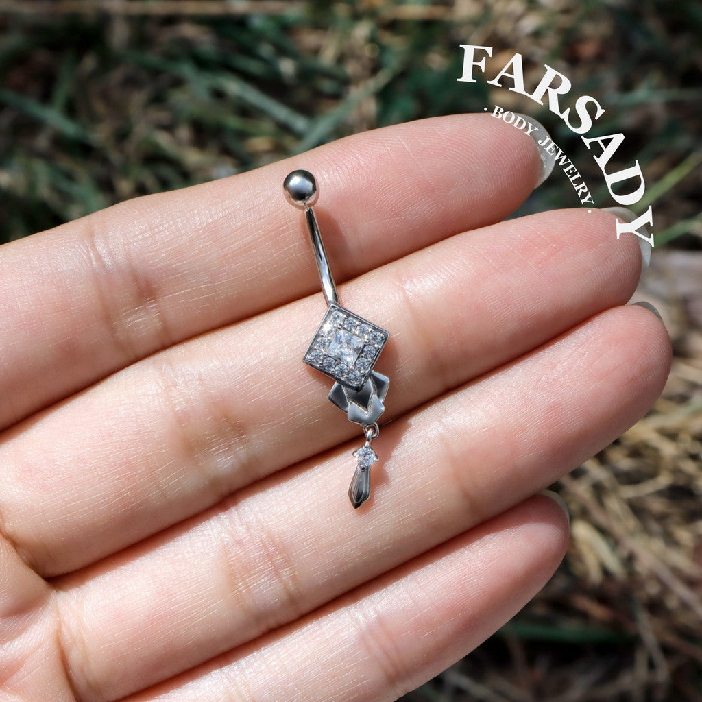 14G Belly Button Ring – 925 Silver 18K Gold Plated| Clear CZ Amulet Belly Ring Dangle Bar| Hypoallergenic Navel Piercing Jewelry| Waterproof