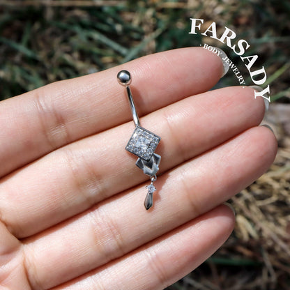 14G Belly Button Ring – 925 Silver 18K Gold Plated| Clear CZ Amulet Belly Ring Dangle Bar| Hypoallergenic Navel Piercing Jewelry| Waterproof