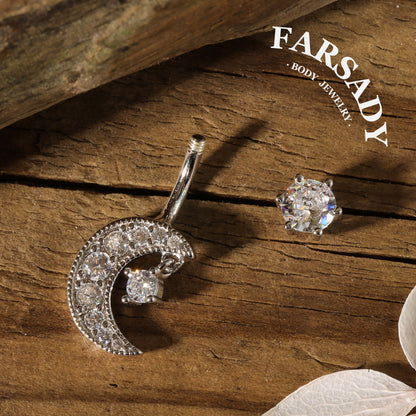 Lunar Whisper - 925 Silver Clear CZ Belly Button Ring / Fits 14G Navel Piercing