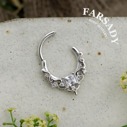Byzantine Art Septum Ring Sterling Silver Plated 18k Gold/ 16G Hinged Septum Clicker/ 8mm Daith Hoop Earring/ Helix Tragus Piercing Jewelry