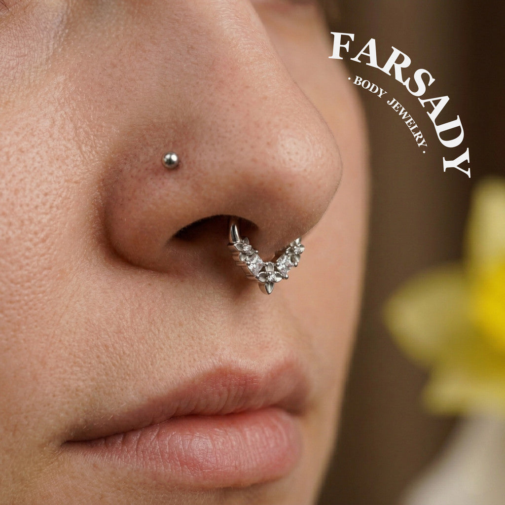 316L Flower Septum Clicker, White CZ Septum Nose Ring, 16G 8mm Daith Hoop Earring, Gold Septum Ring, Silver Helix/ Conch/ Tragus Ring