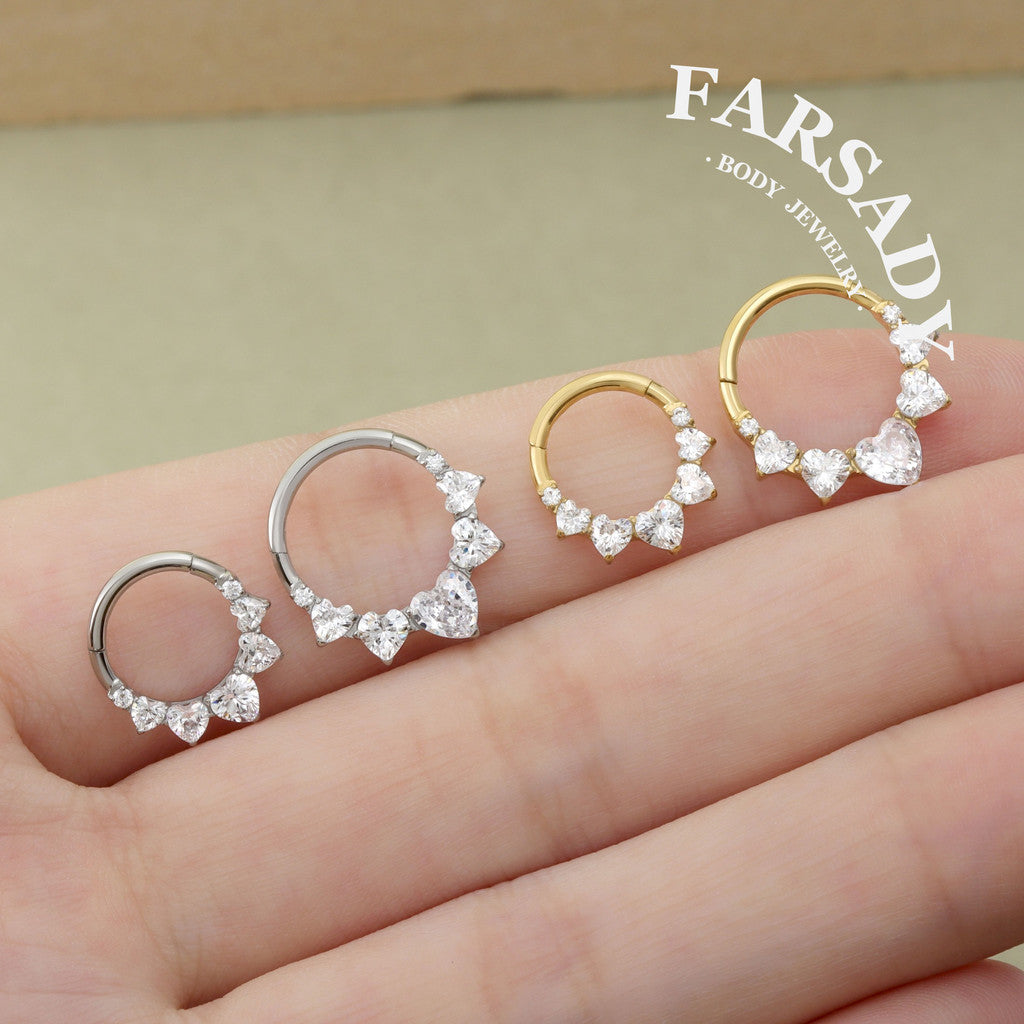 16G Titanium 5 Heart CZ Septum Ring & Hoop Earring | Hinged Clicker for Daith, Helix and Tragus  | Elegant Sparkling CZ Piercing Jewelry in Silver & Gold, Daily Wear with Gift Box