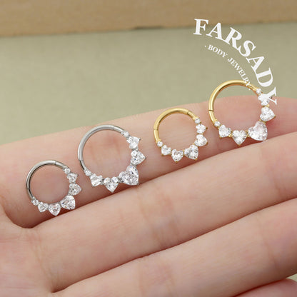 16G Titanium 5 Heart CZ Septum Ring & Hoop Earring | Hinged Clicker for Daith, Helix and Tragus  | Elegant Sparkling CZ Piercing Jewelry in Silver & Gold, Daily Wear with Gift Box