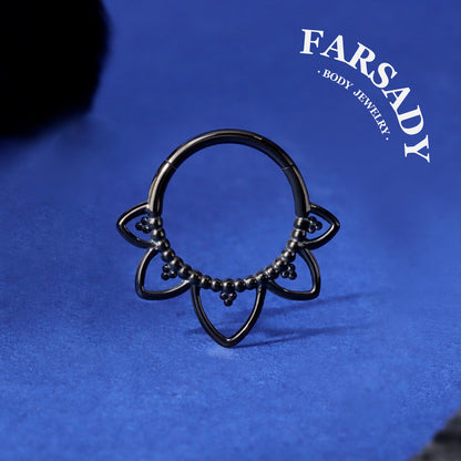 Gothic Black Steel Septum Ring 16G | Clicker Hoop for Nose or Daith Piercing | Flower Design | 1.2×8mm & 10mm | Unisex Jewelry