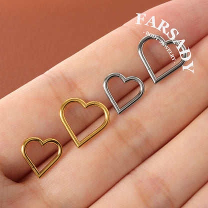 16G Titanium Heart Daith Earring, Hinged Clicker Hoop Gold Plated, Daith Piercing Jewelry, Helix Tragus Ring 1.2x8mm 10mm