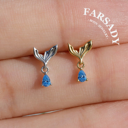 Mermaid Tail Flat Helix Dangle Stud: Blue Gem Tragus Helix Lobe Threadless Push In Cartilage Earring, 925 Silver Plated 18k Gold,Nickle-Free