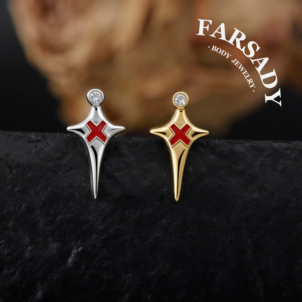 Sterling Silver Red X Threadless Labret, F136 Titanium Push Pin Stud, 925 Silver Gothic Earring, 16G 18G 20G Flat Back, Helix Tragus Conch Piercing Jewelry
