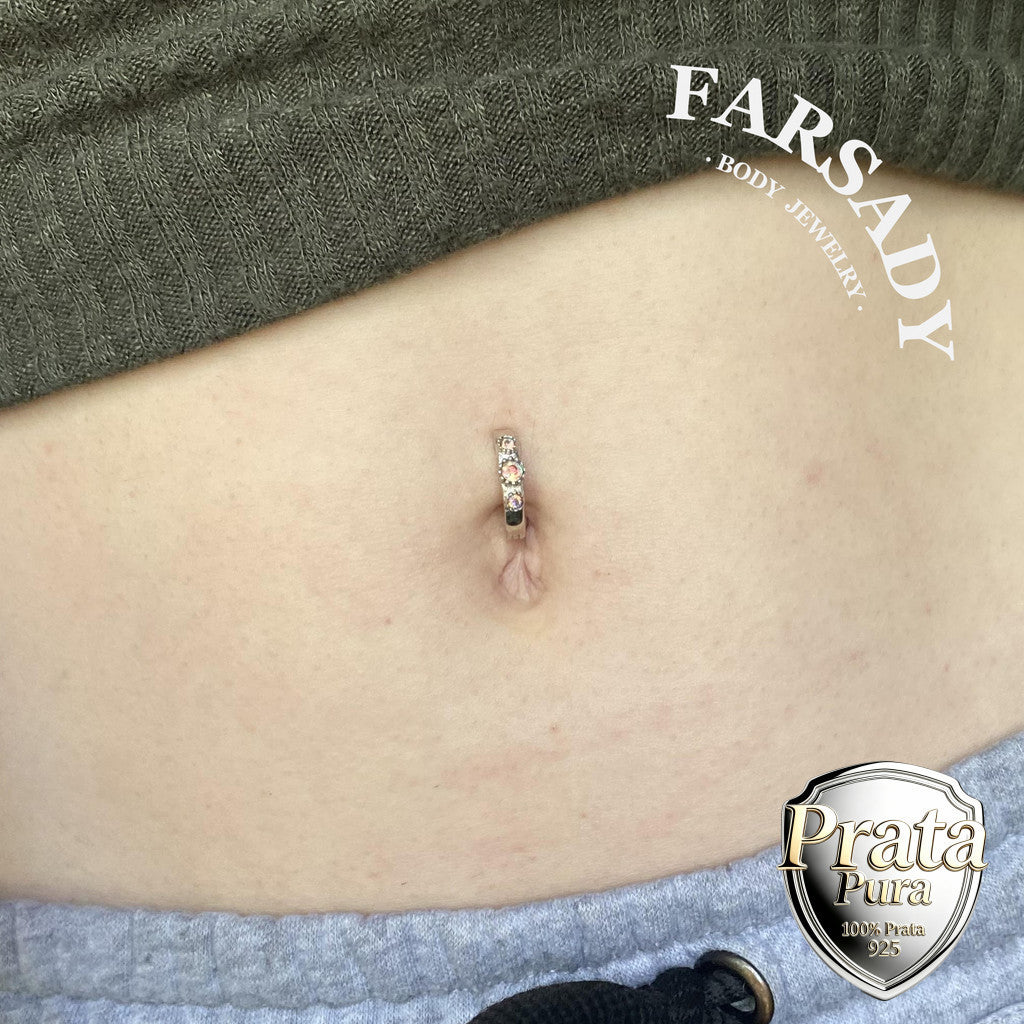 14G S925 Sterling Silver Triple CZ Belly Button Clicker 10mm Hinged Curved Bar Waterproof Navel Belly Hoop Clip Ring Daily Wear Gift for Her