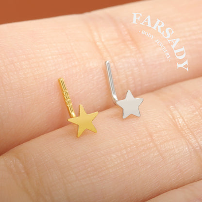 Plain Silver Star - 925 Silver L-Shape Nose Stud / Fit 18G 20G Nose Ring