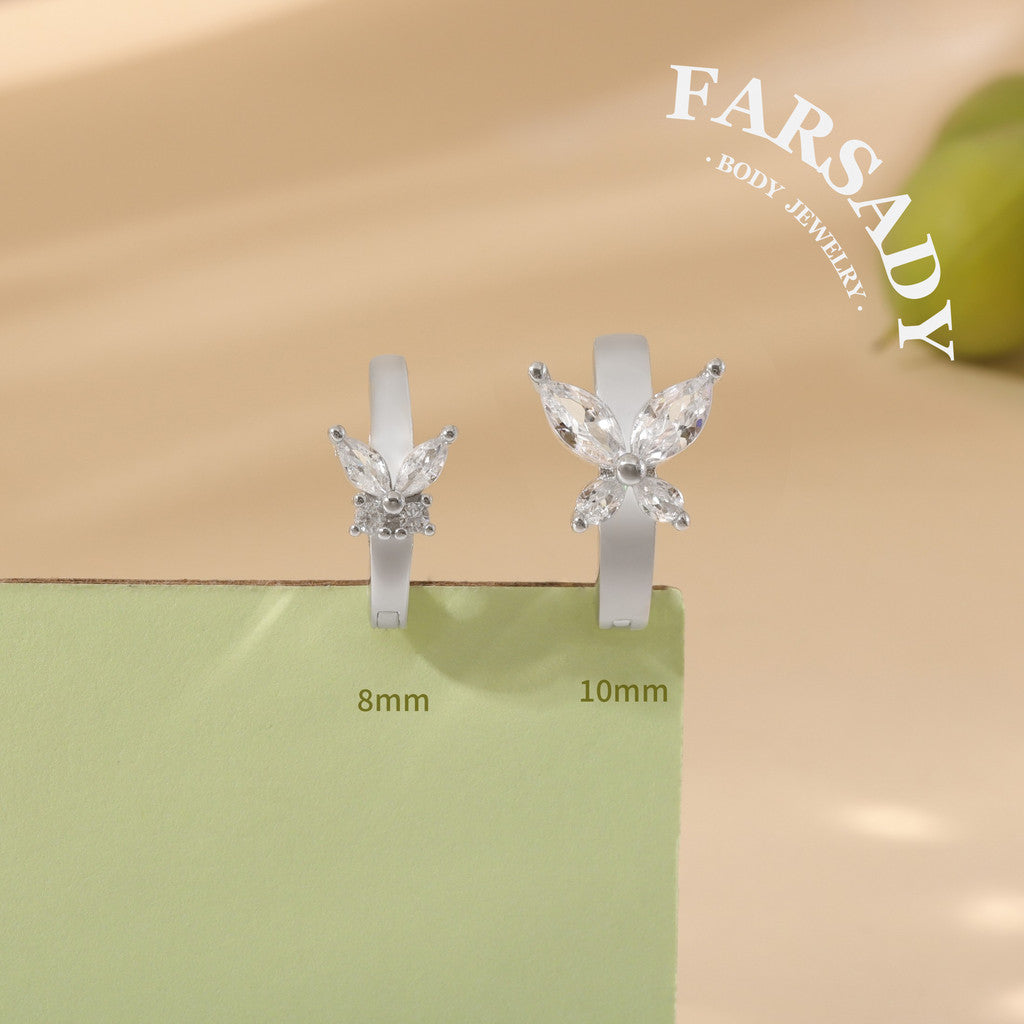 Four-Leaf Butterfly - 925 Silver Clear CZ Belly Button Ring / Fits 14G Navel Piercing