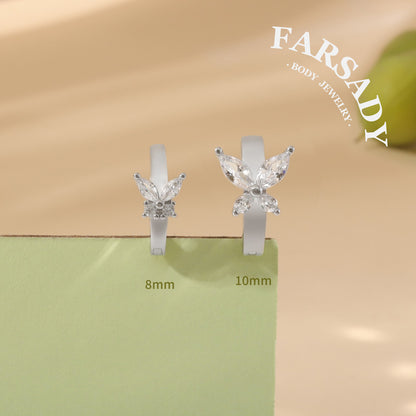 Four-Leaf Butterfly - 925 Silver Clear CZ Belly Button Ring / Fits 14G Navel Piercing
