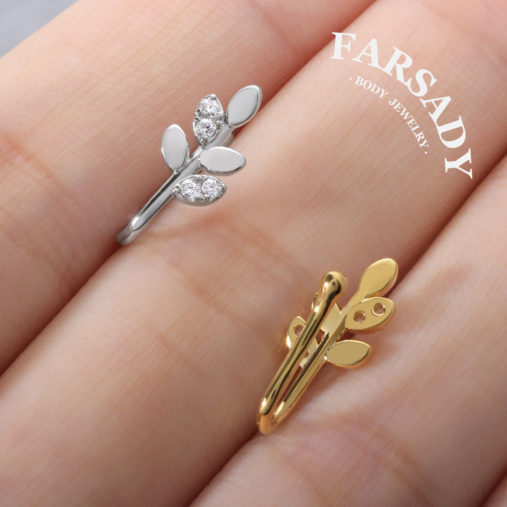 Silver Leaf Sprig - 925 Silver Fake Nose Ring / Fit Non-Pierced Nose Ring