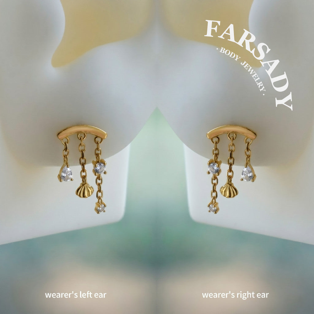 Shell Veil - 925 Silver Threadless Directional Stud / Fits Cartilage Helix Tragus Lobe Earring
