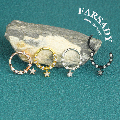 Star Chain - CZ Dangle Hinged Clicker Hoop / Fits 16G Septum Ring Helix Conch Cartilage Earring