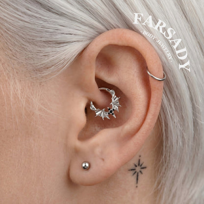 Obsidian Wing - 925 Silver CZ Hinged Clicker Hoop / Fits 16G Septum Ring Helix Conch Daith Earring