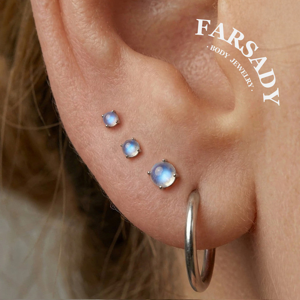 Lunar Nacre - F136 Titanium Natural Moonstone Replacement Tops / Fits Threadless Ear Studs