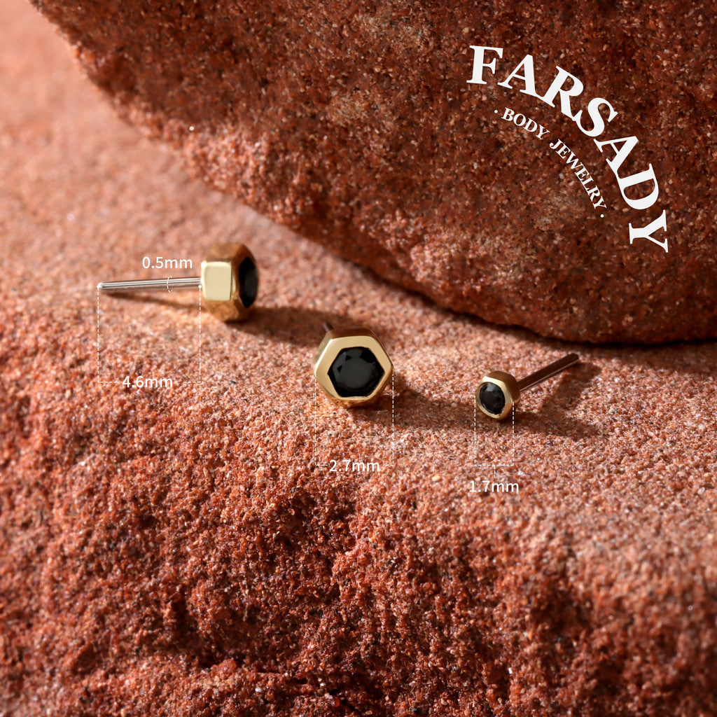 Dark Hexa - Solid 14K Gold Threadless Stud / Fits Cartilage Helix Tragus Lobe Nostril Piercing