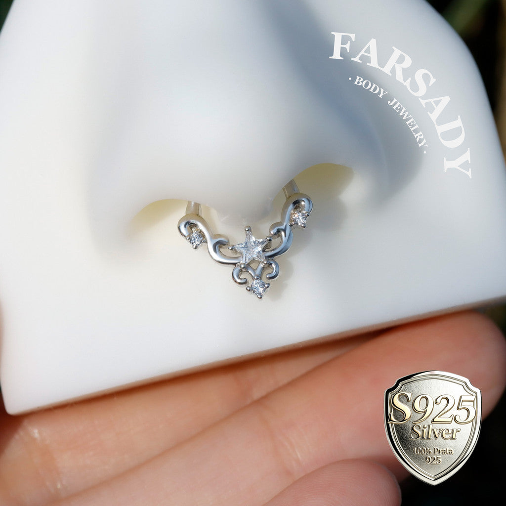 Sterling Silver Star-Shape CZ Septum Ring: S925 Plated 18K Gold, Alt Fashion Daith Earring, Sharp Spike Helix Tragus Conch Hoop Jewelry