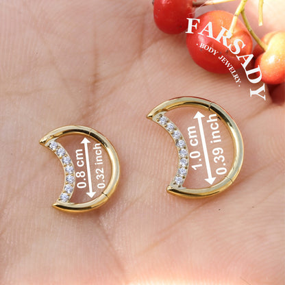 Crescent Shine - 316L Hinged Clicker Hoop / Fits 16G Daith Hoop Cartilage Earring / Hypoallergenic Jewelry for Sensitive Skin, Elegant Piercing Jewelry for Daily Wear & Gifts