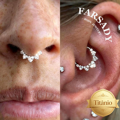 16G Titanium 5 Heart CZ Septum Ring & Hoop Earring | Hinged Clicker for Daith, Helix and Tragus  | Elegant Sparkling CZ Piercing Jewelry in Silver & Gold, Daily Wear with Gift Box