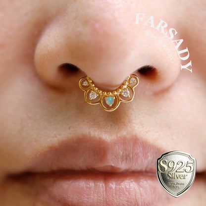16G Nature Opal Flower Septum Ring,Real Opal Hinged Septum Clicker,925 Sterling Silver Plated 18k Gold,Gold Daith Earring Hoop,Helix Tragus Hoop